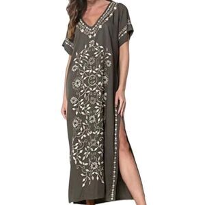 V Neck Moss Green Embroidery High Split Sides Kaftan Dress Cover Up NEW